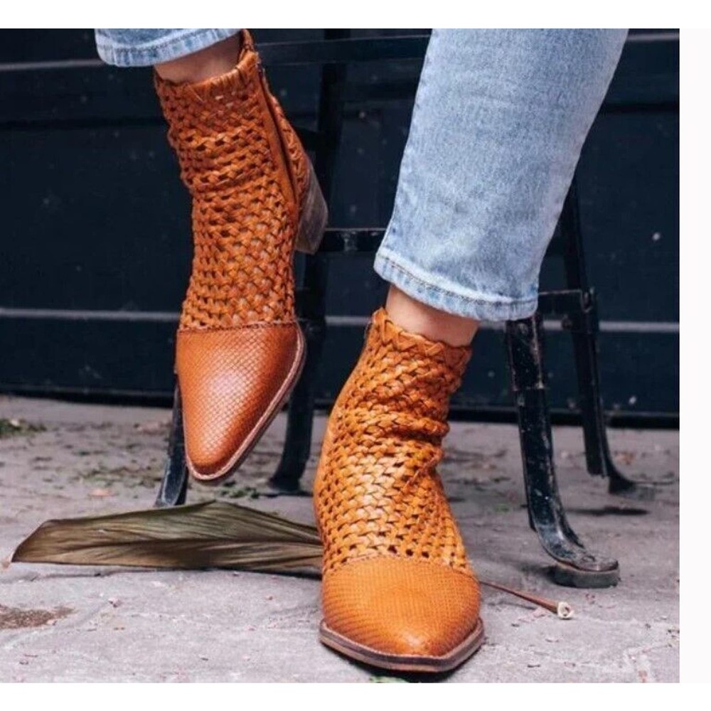 Free People 37 / 7 Boots Brown In The Loop Leather Braided Booties